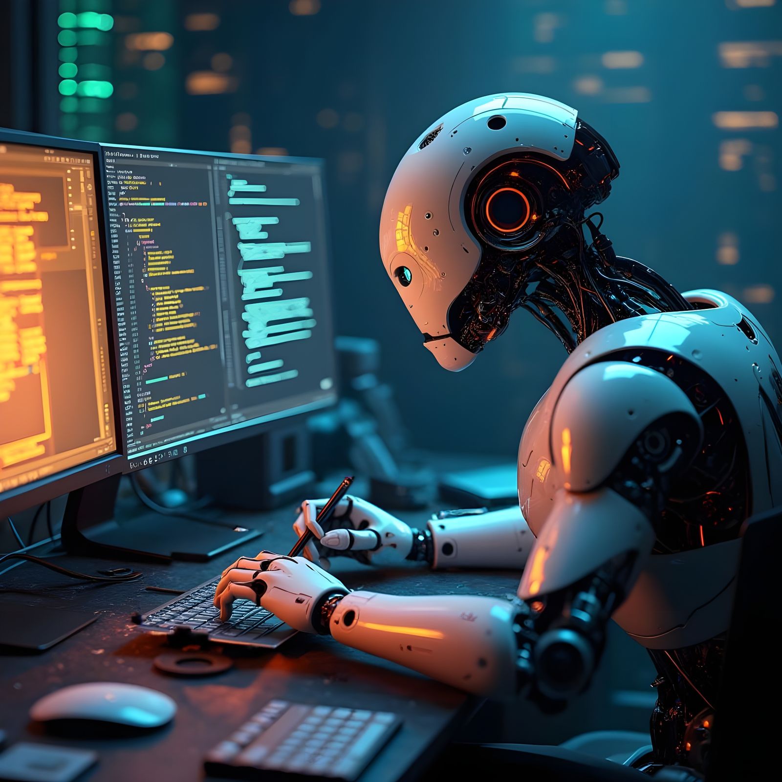 Anthropomorphic Robot Writes Code in Futuristic Programming...
