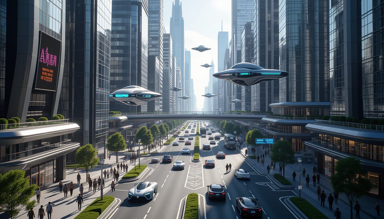 Futuristic Cityscape with Flying Vehicles and Greenery