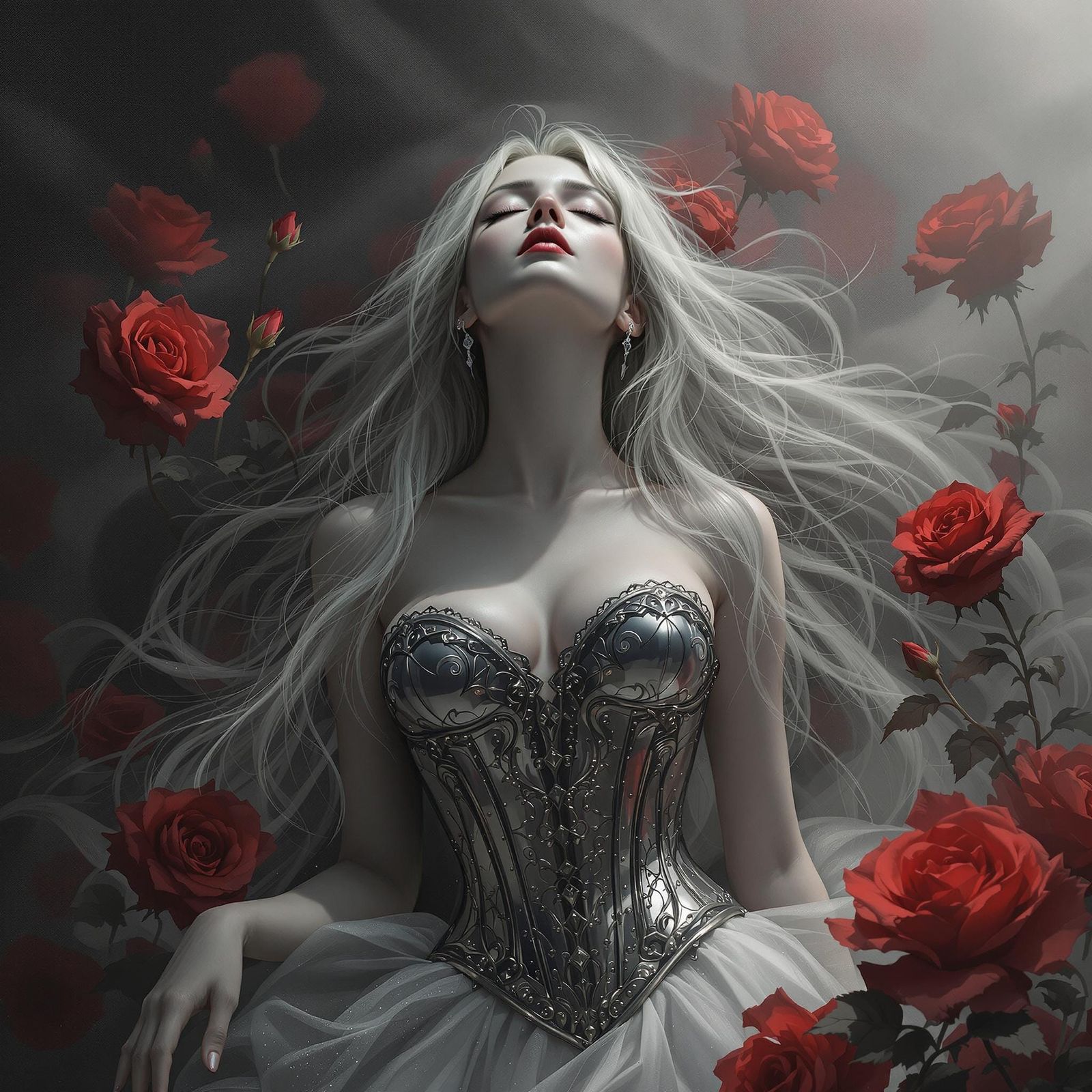 Ethereal Woman with Roses: Grayscale Digital Art