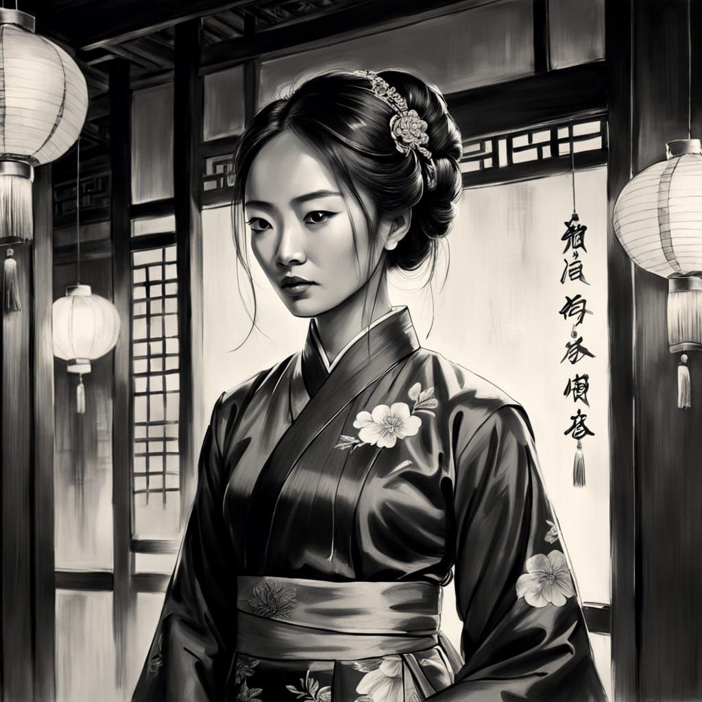 Expressive charcoal sketch. <lora:Akimora:1.0> "Portrait of Asian women wearing traditional clothing, women in silk qipa...