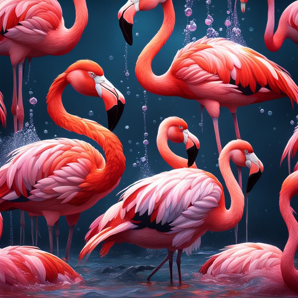 Flamingos Dancing in Sparkling Water: Hyperdetailed Concept ...