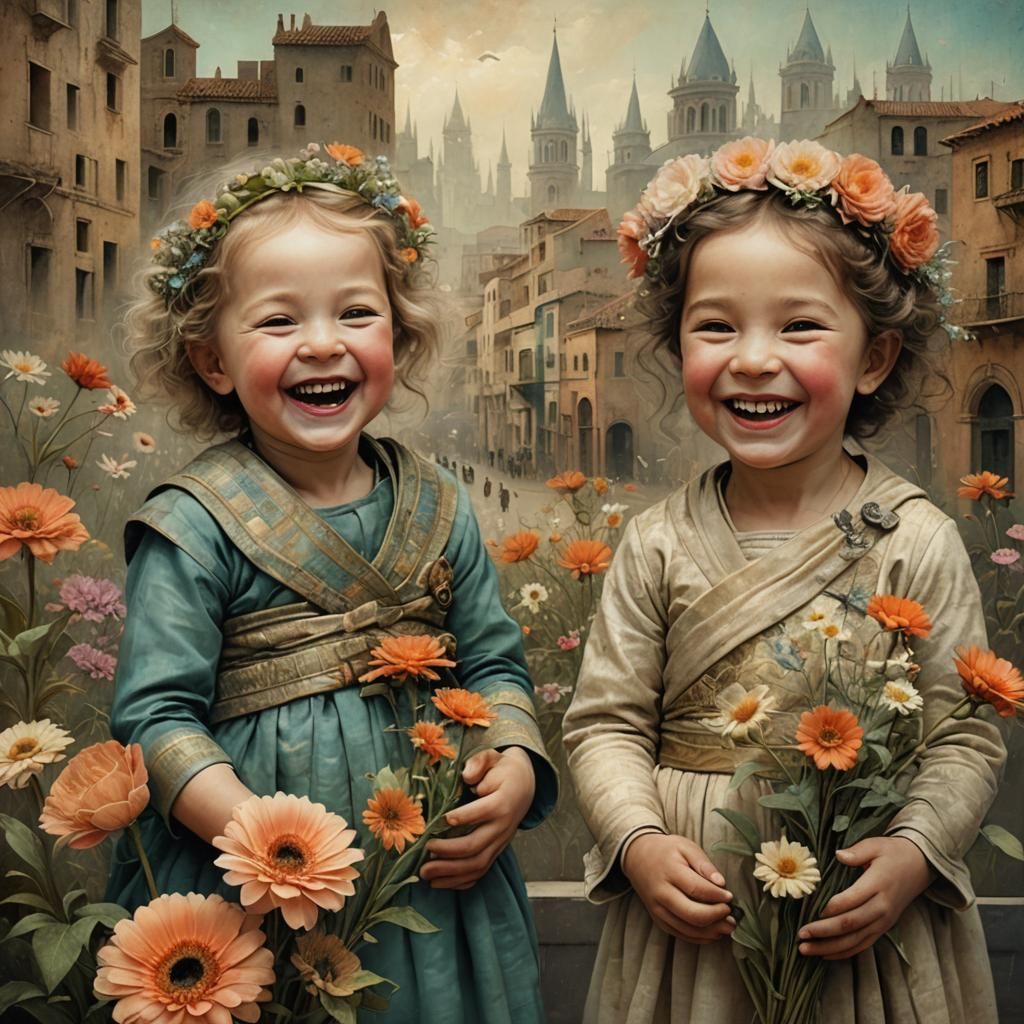 Laughing Toddlers with Cityscape, in Surrealist Style