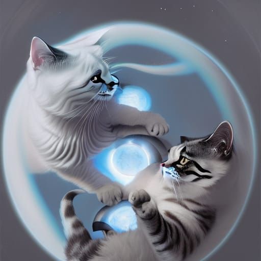 Yin Yang Cats Hugging in Sphere, Detailed Matte Painting