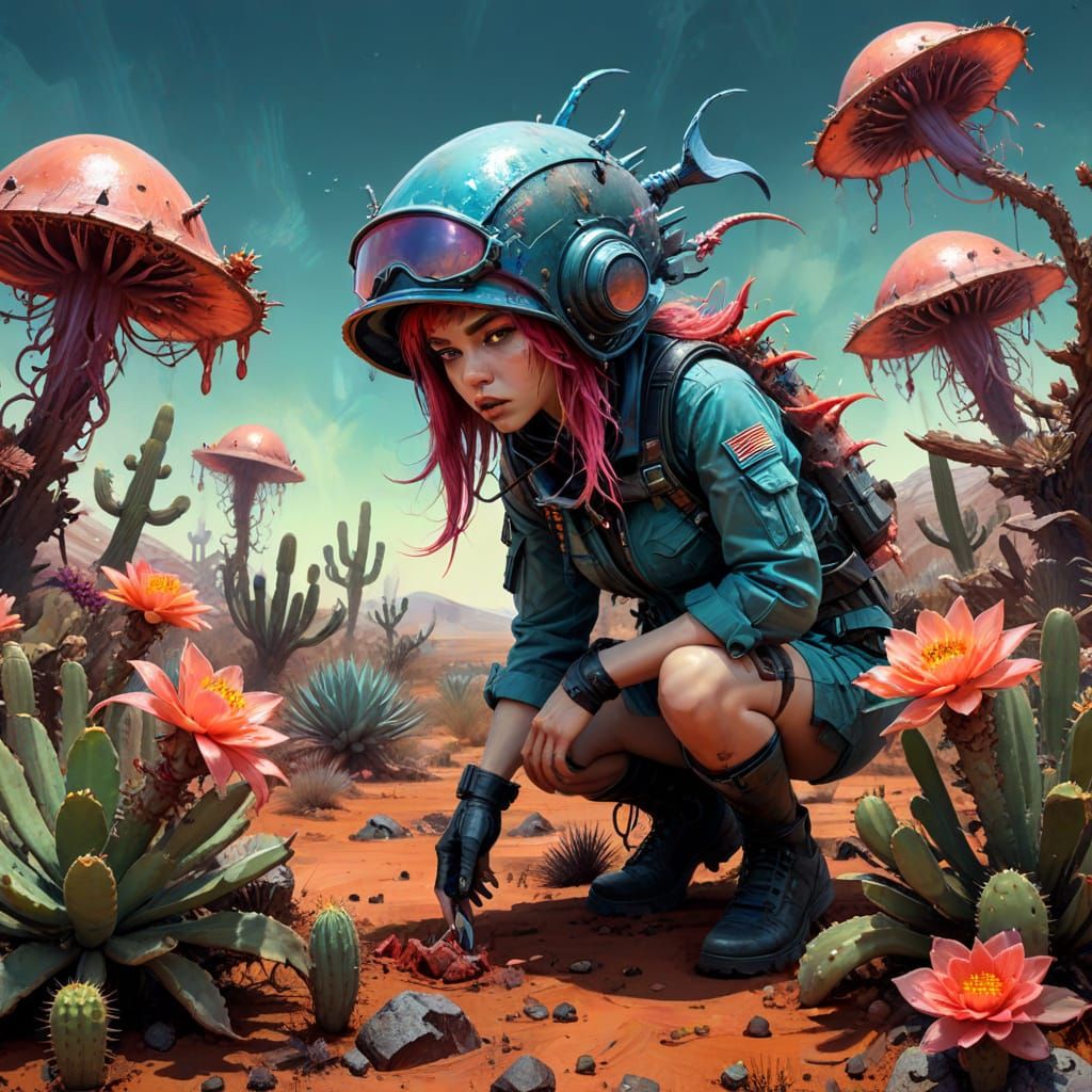 Tuna Wrestles Squid on Mars as Digital Watercolor