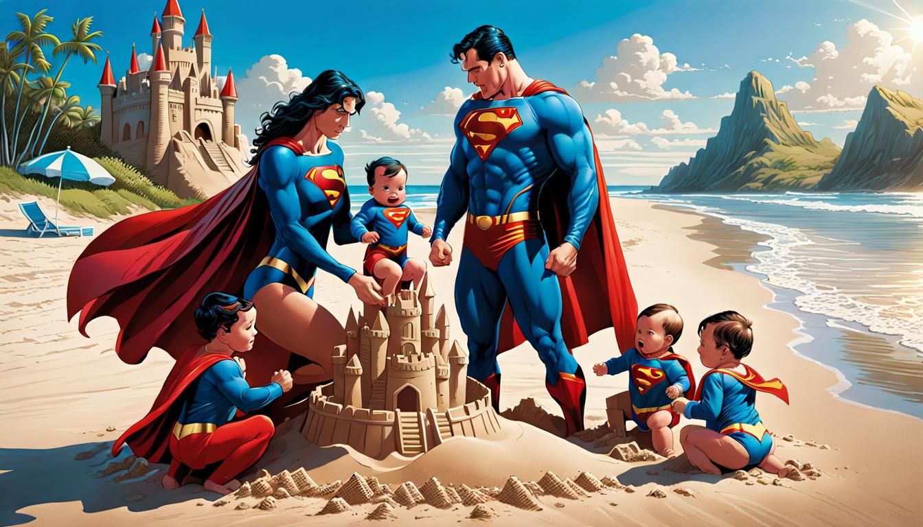 Superman and Superwoman and their babies making a sand castle