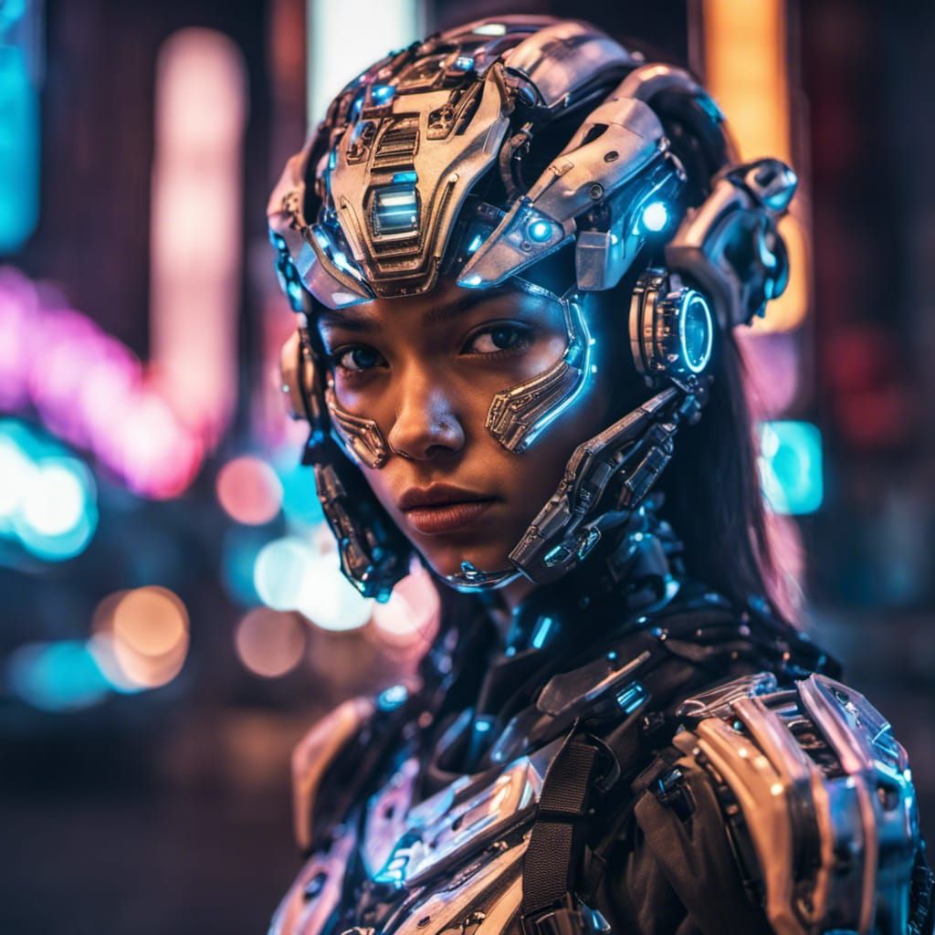 Cyborg Girl Portrait in Neon City at Night