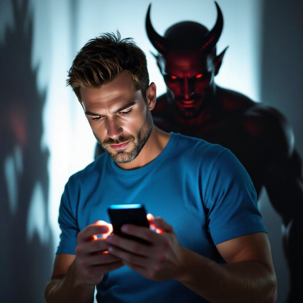 Man and Devil Stare at Phones in Cinematic Style