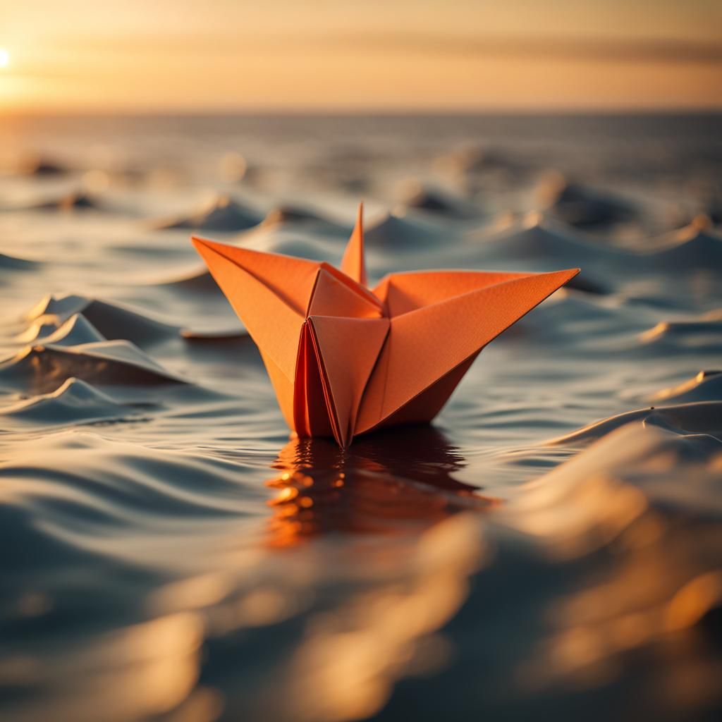 Sunset Sea with Whale in Origami Papercraft Style