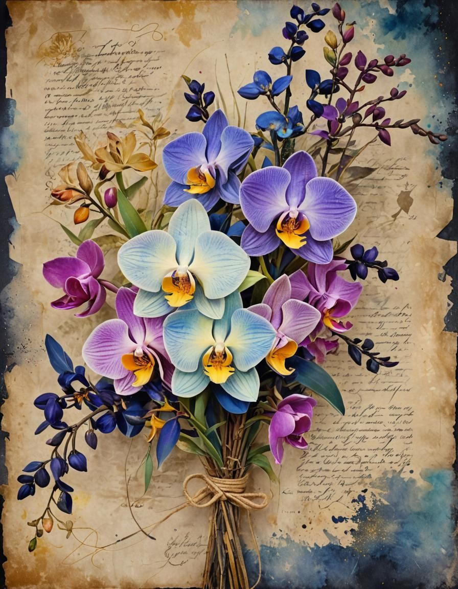 Vibrant Watercolor Orchid Bouquet with Galactic Dust
