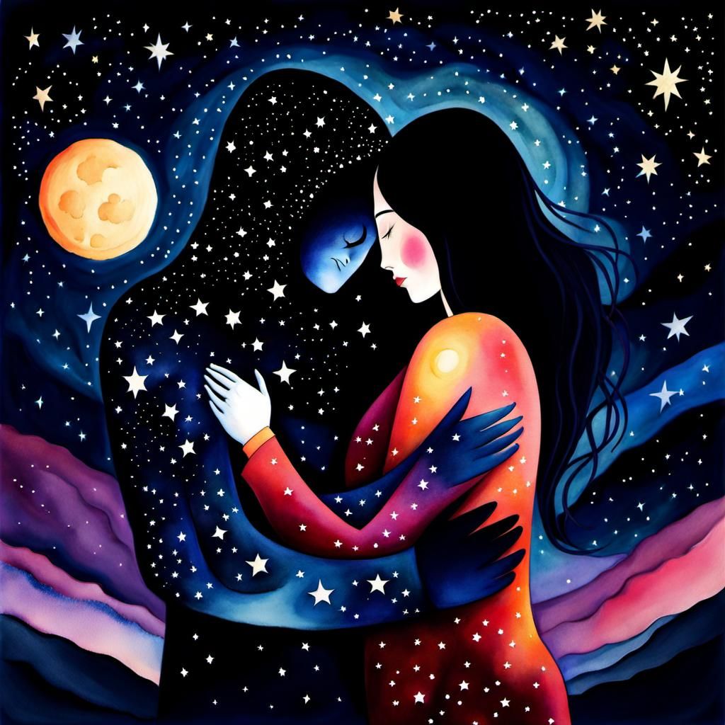 Grieving Woman Hugging a Starry Night Figure
