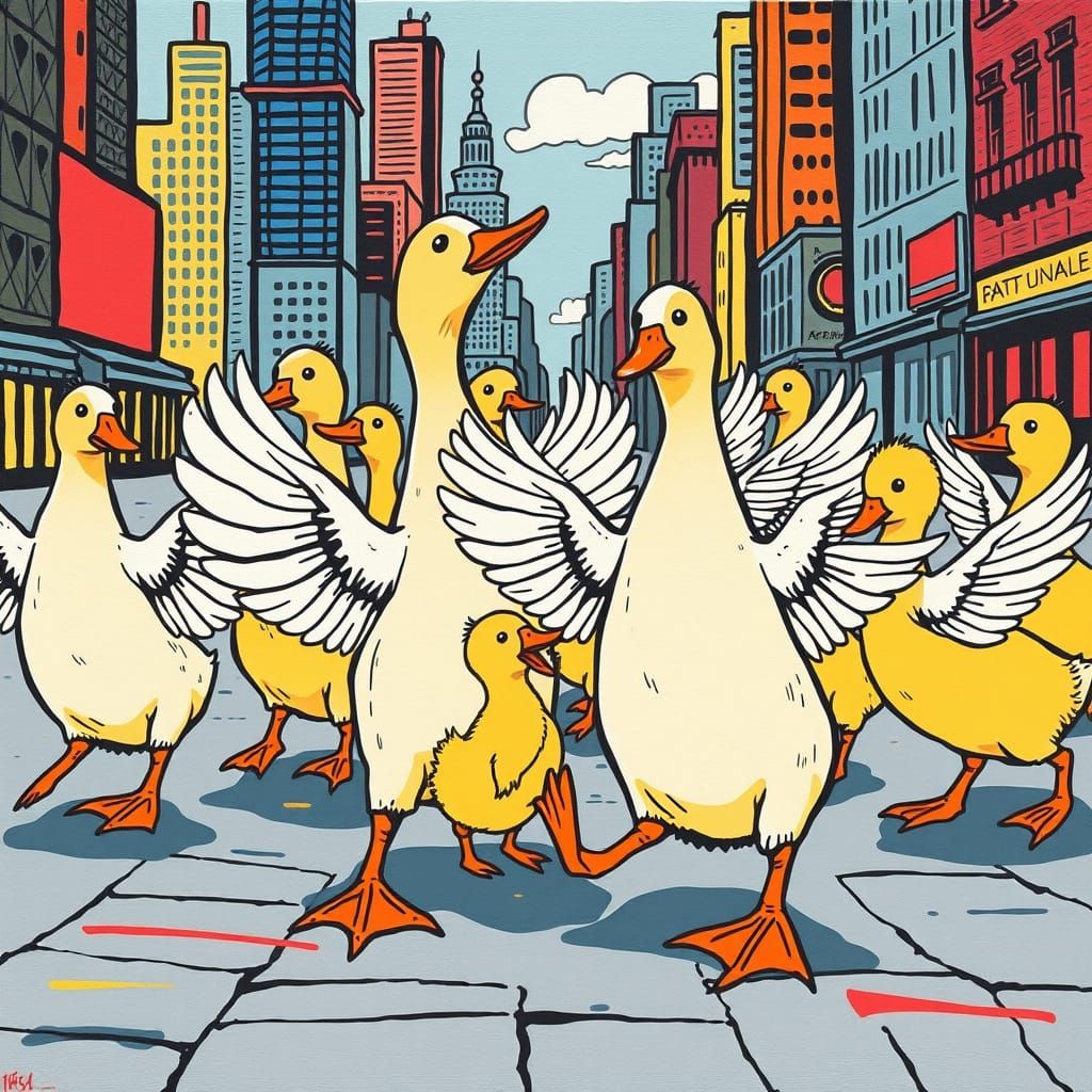 Ducks Dancing in Cityscape, Basquiat and Haring Style