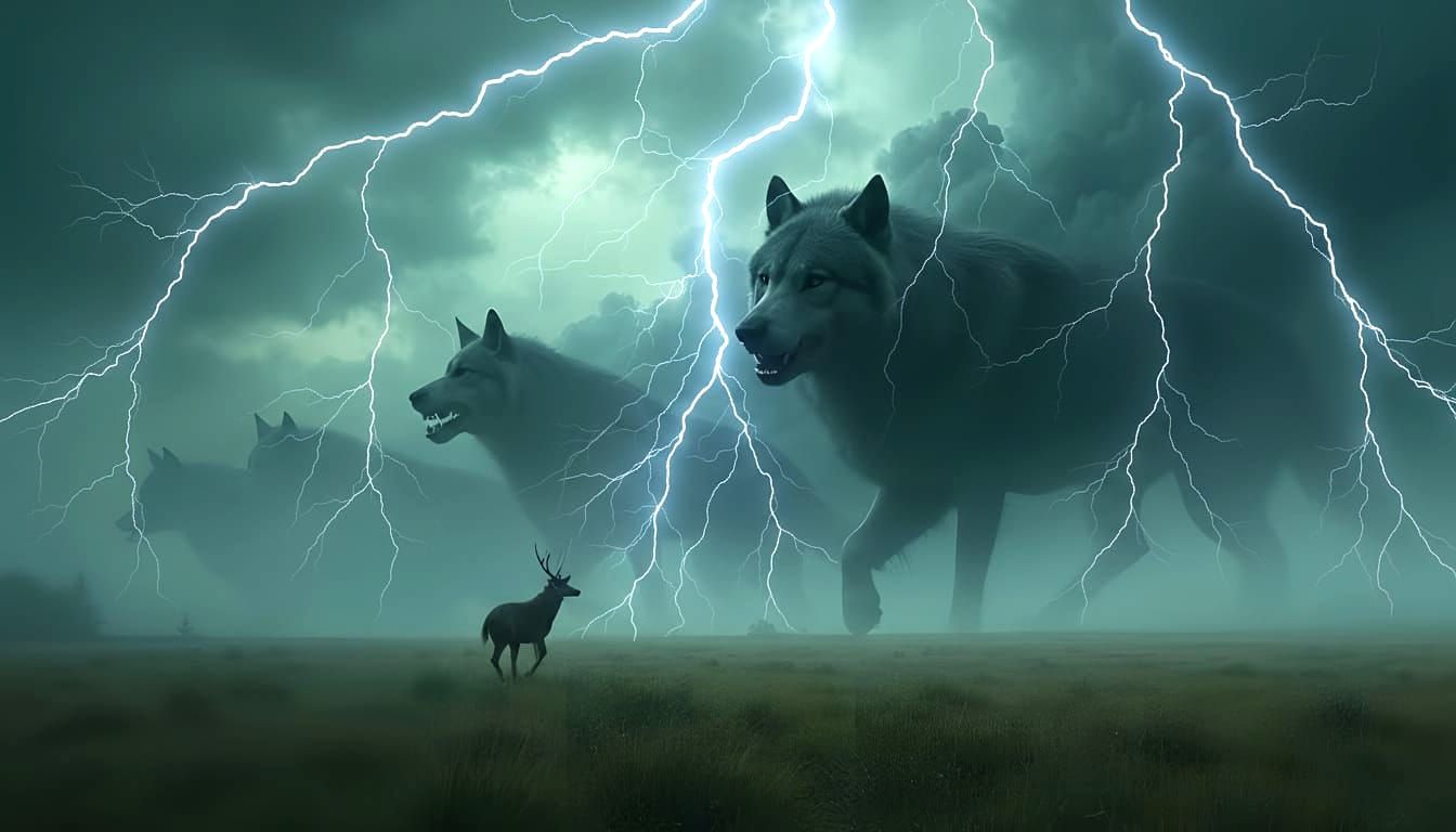 Ghost Wolf Storm Chases Deer Across Grassy Plain