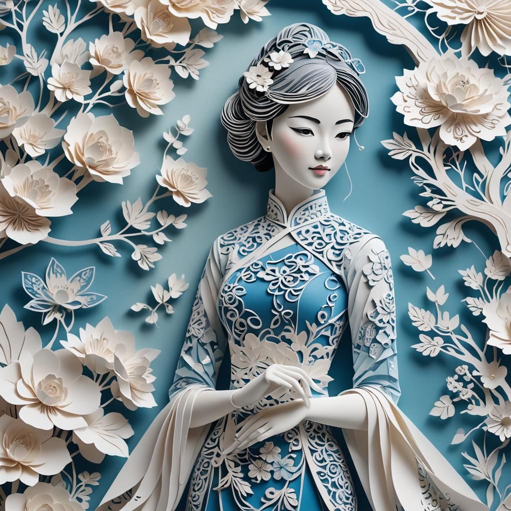 Paper Cut Cheongsam Inspired by Porcelain Art