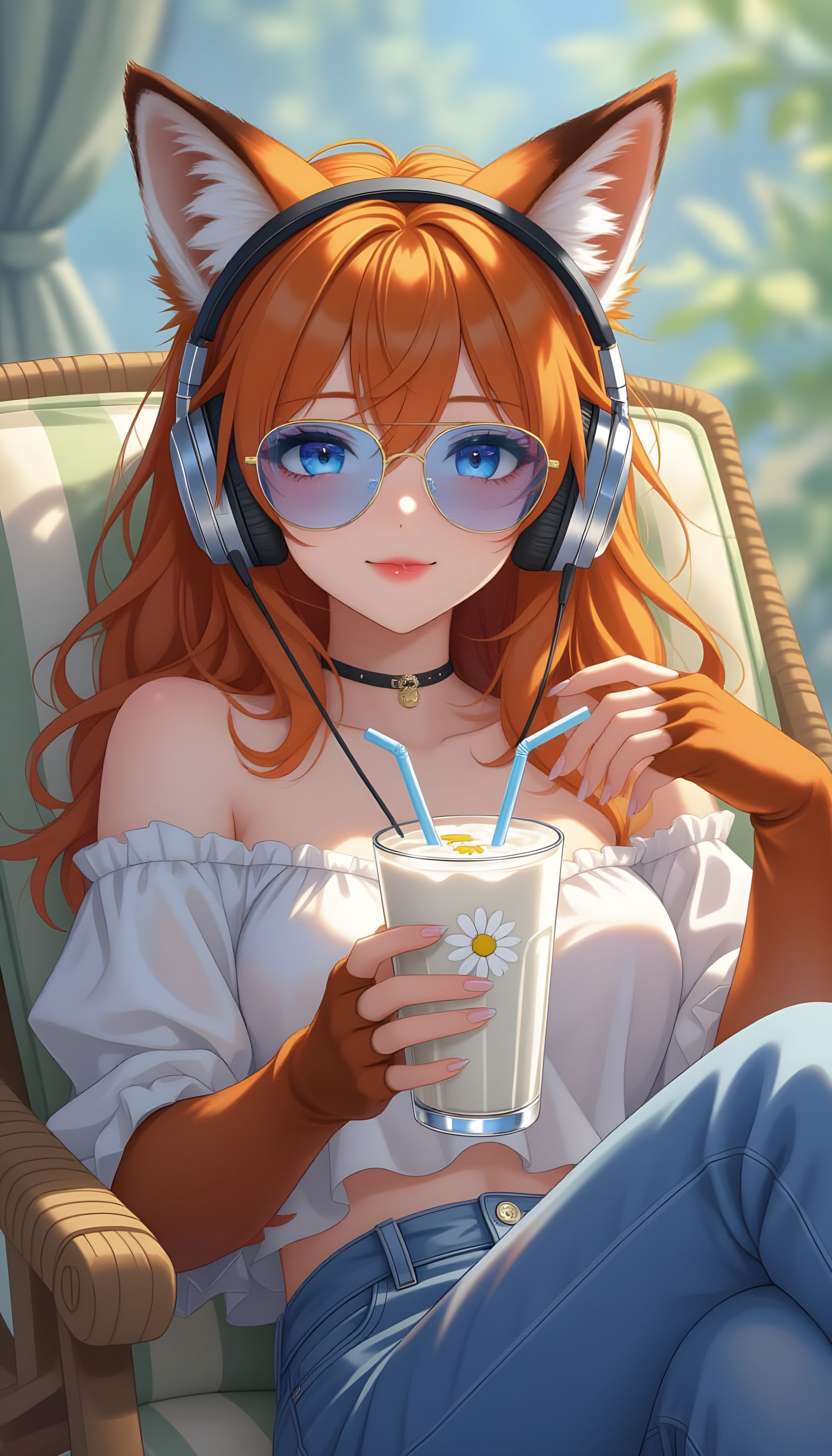Anime Fox Lounging with Milkshake in Mixed Style