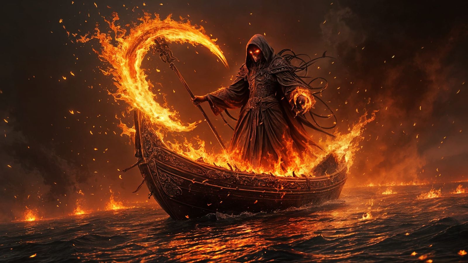 Flaming Grim Reaper on the River Styx