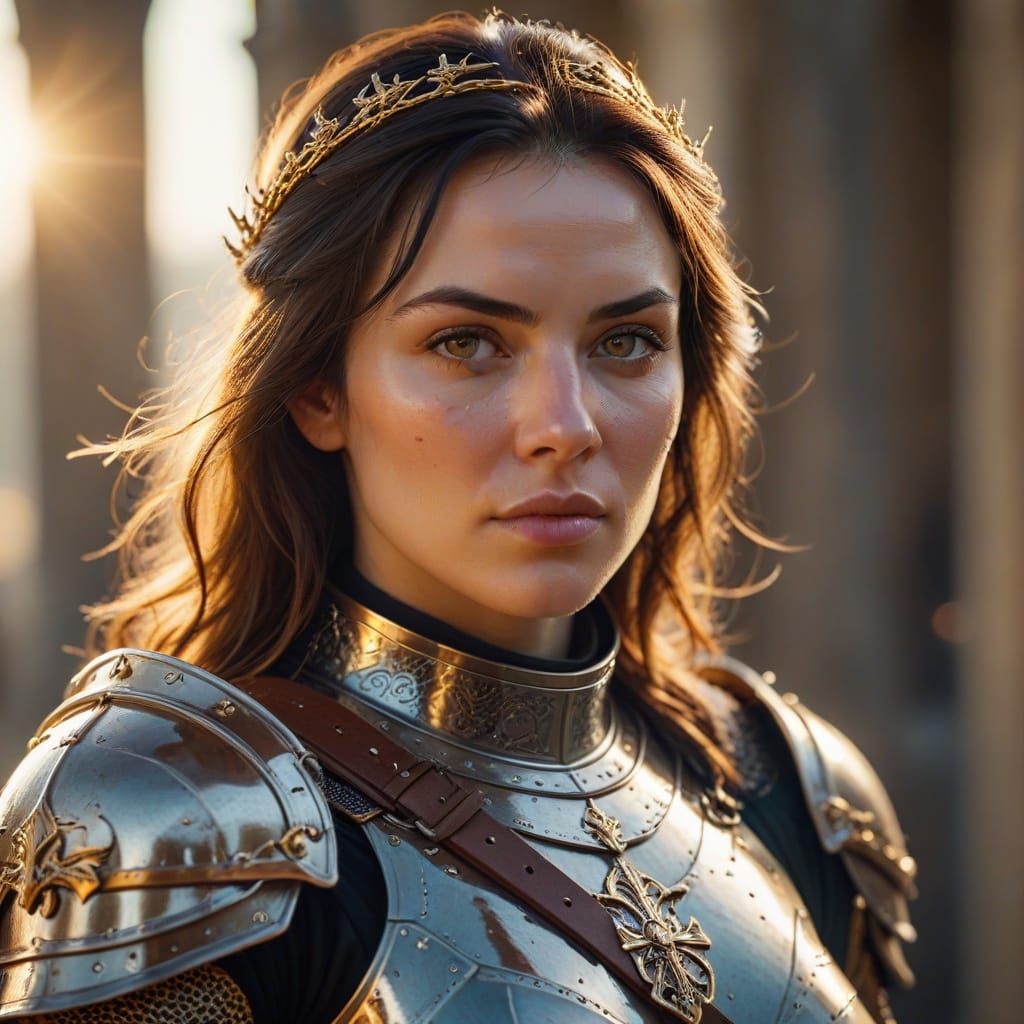 Lady Templar Portrait with Sword in Golden Light