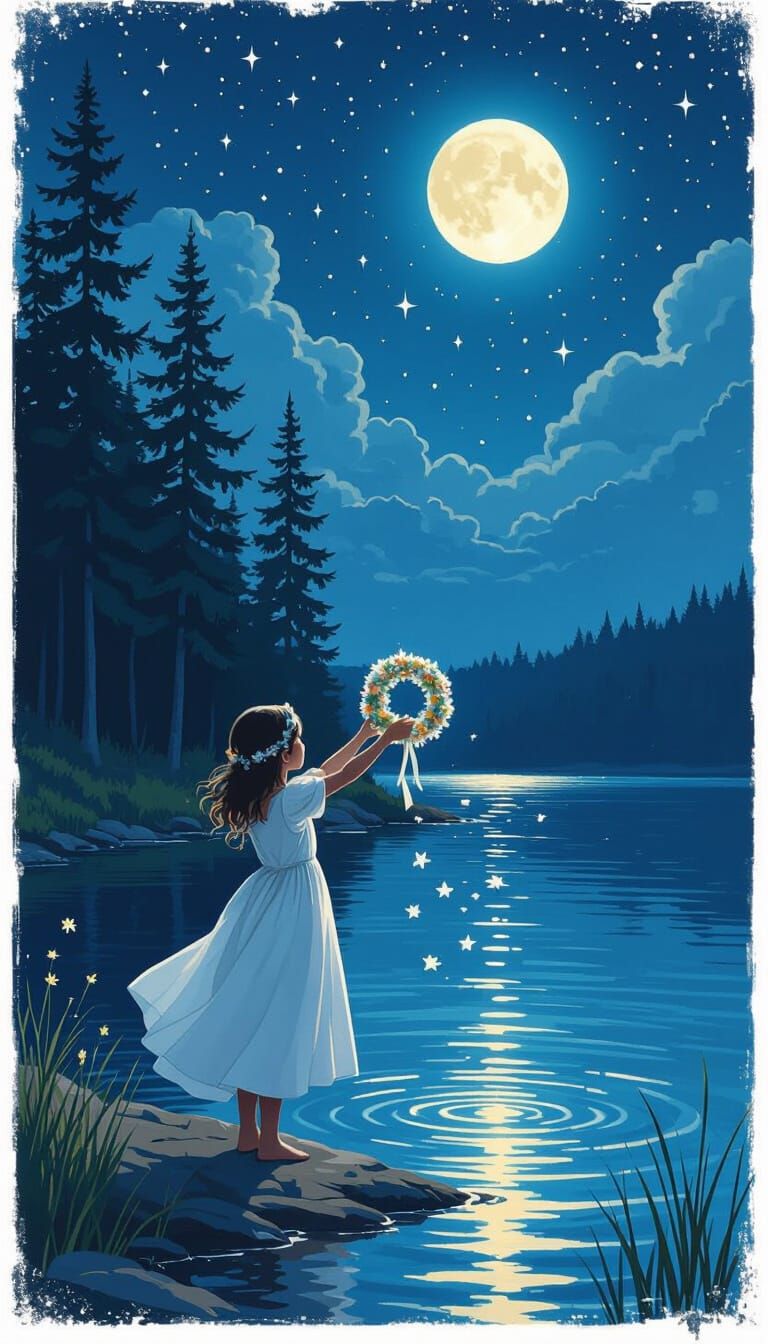 Mystical Lake Scene with Girl and Flower Wreath