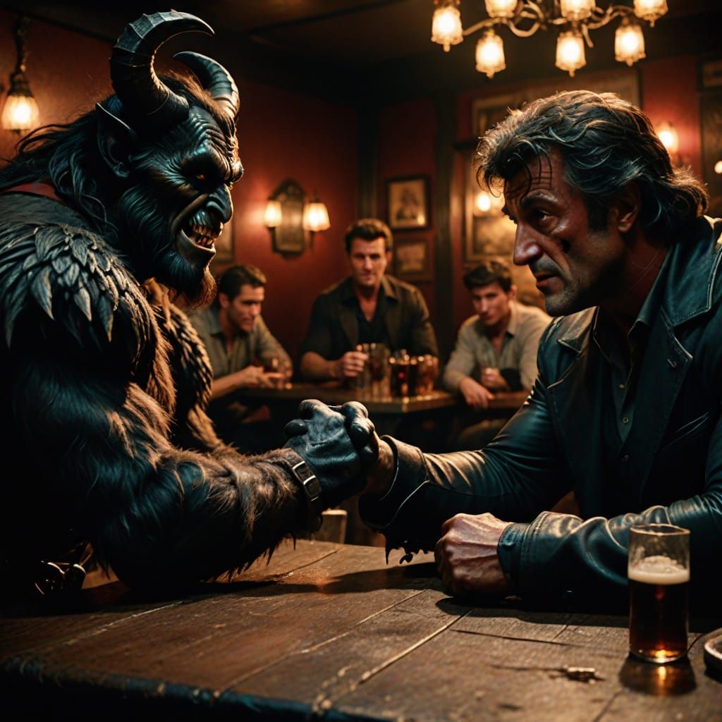 Krampus Arm Wrestles in Smoky Film Noir Bar