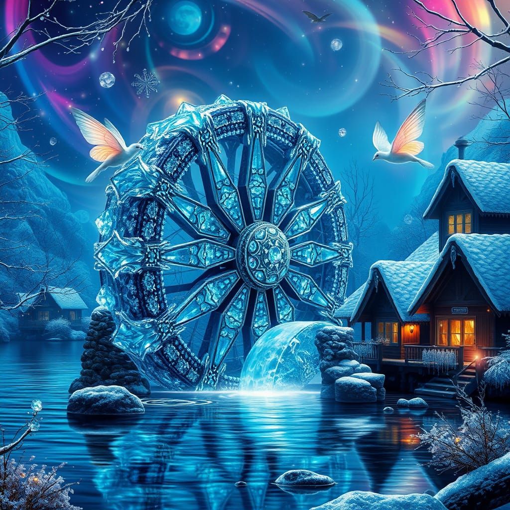 Crystal Waterwheel Amidst Serene Diamond Lake in Whimsical F...
