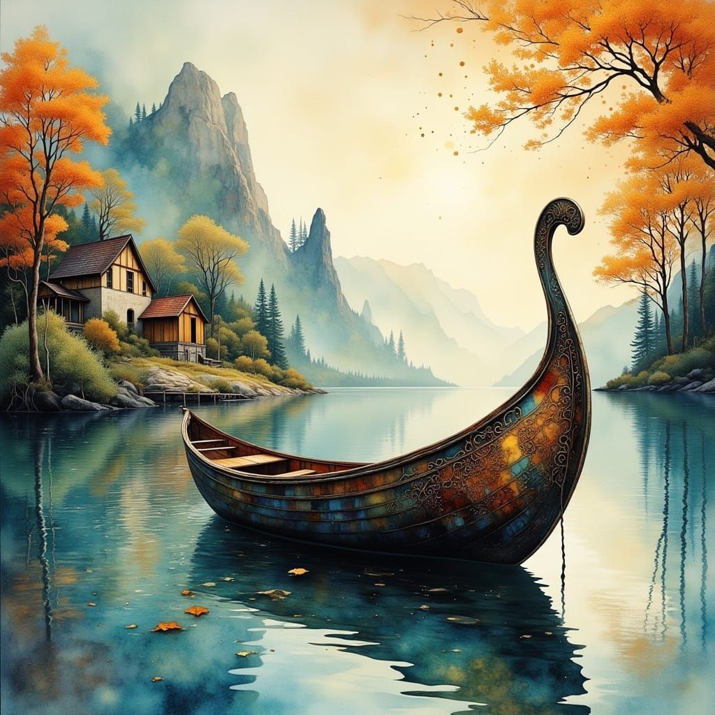 Misty Morning Boat on Calm Lake in Watercolor Impressionism