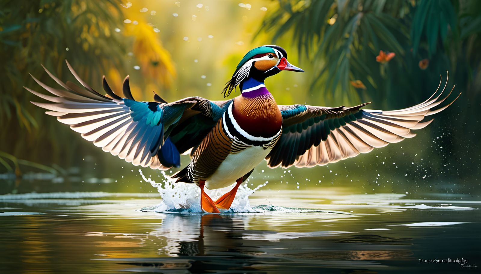 "Full Body Portrait of an Incredibly Beautiful Majestic Mandarin Duck landing on a pond" - 1037..... God Is Available. H...