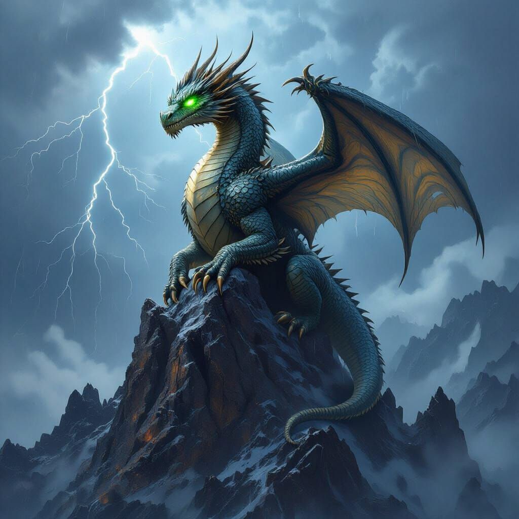 Majestic Dragon on Stormy Mountain Peak