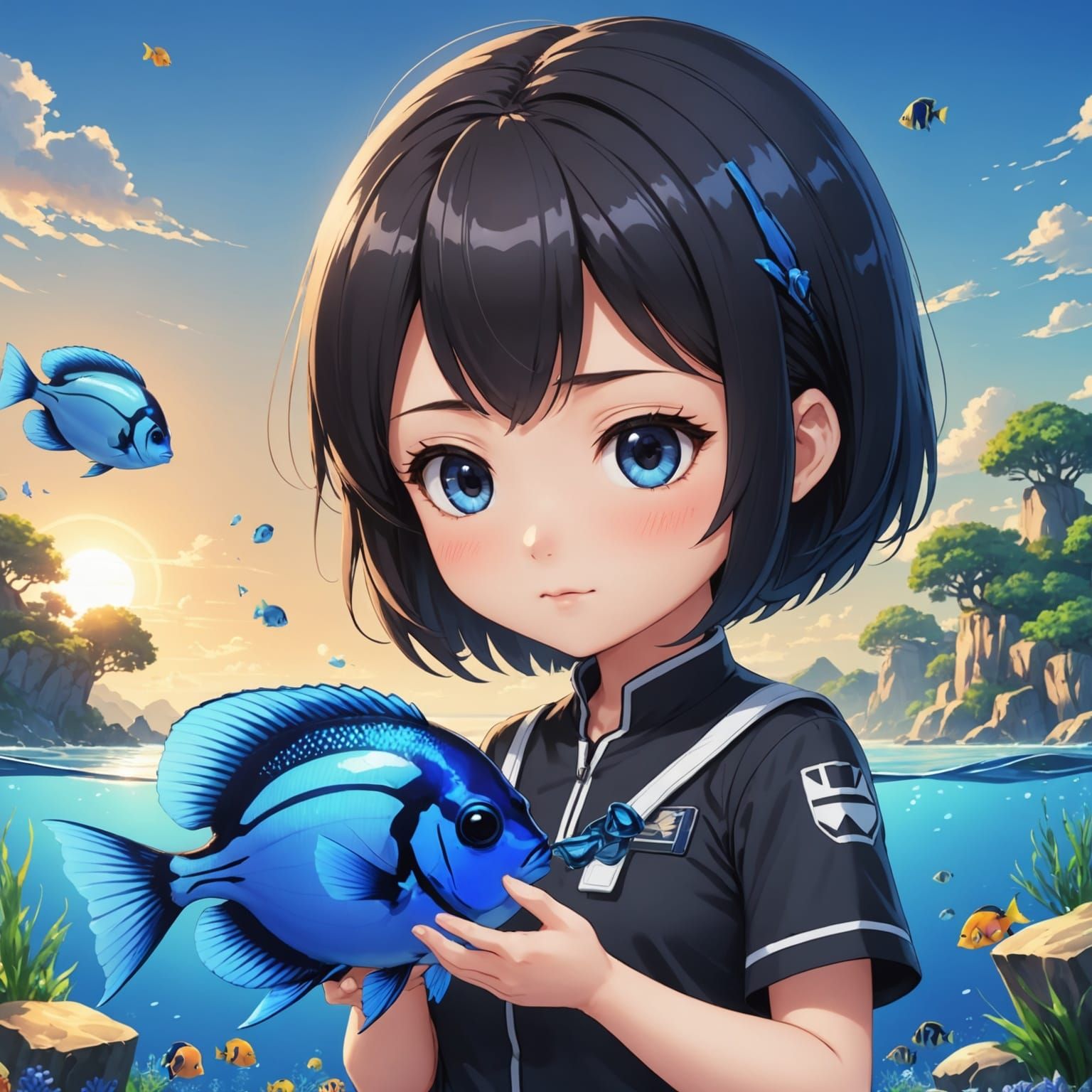 Anime Chibi Girl Petting a Blue Tang Fish