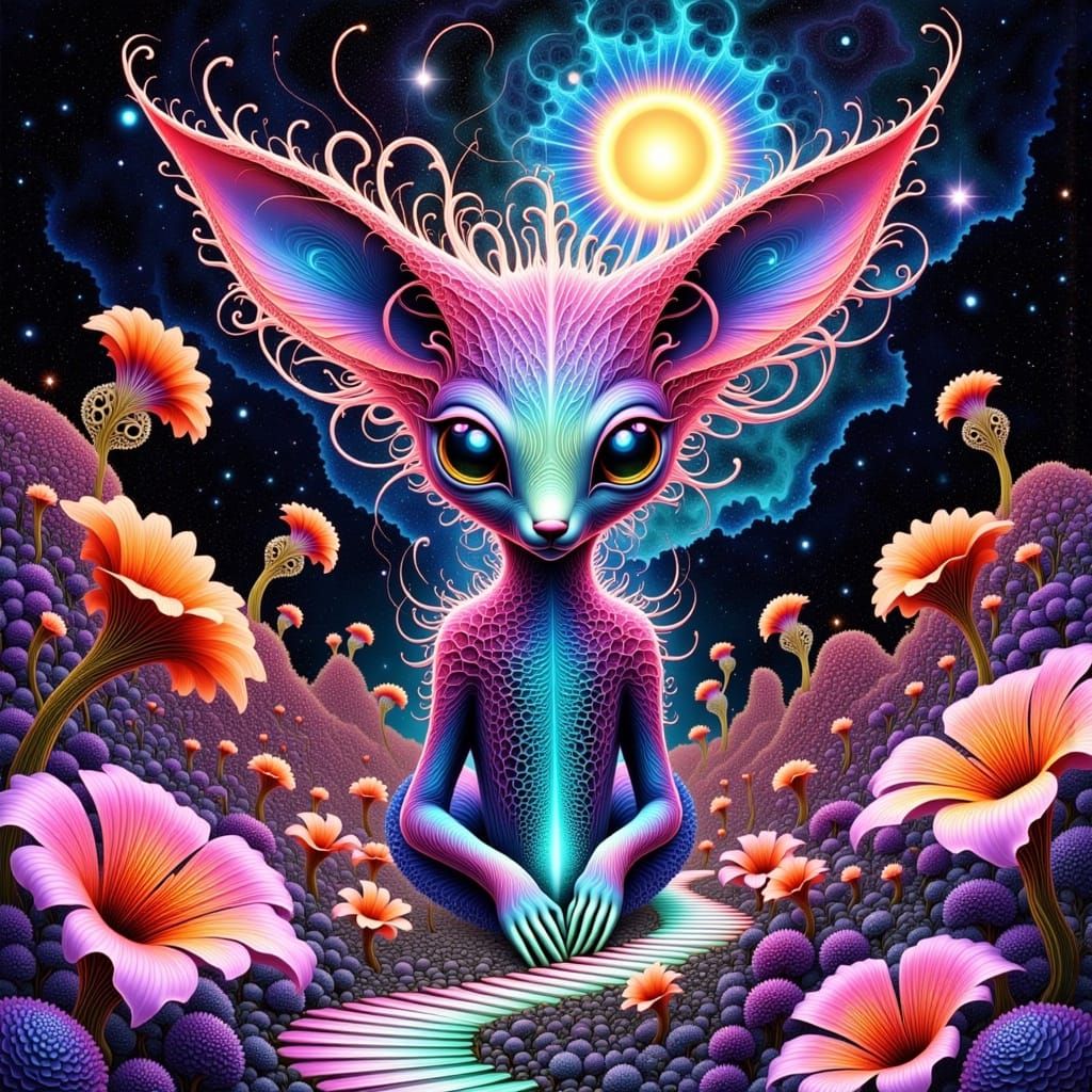 Iridescent Alien Fox in Celestial Dreamscape