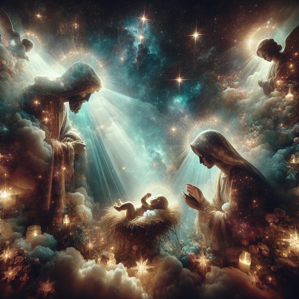 Nativity Scene Double Exposure: Dreamy Celestial Birth