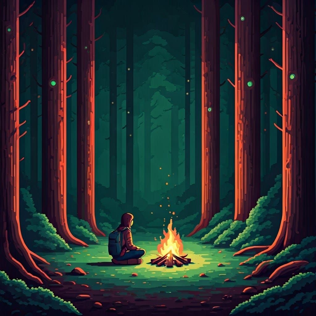 Girl in Woods Camping Scene in PC-98 Pixel Art Style