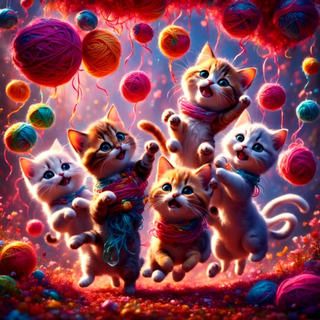 Playful Kittens Dangle in a Vibrant Cyberpunk Aesthetic