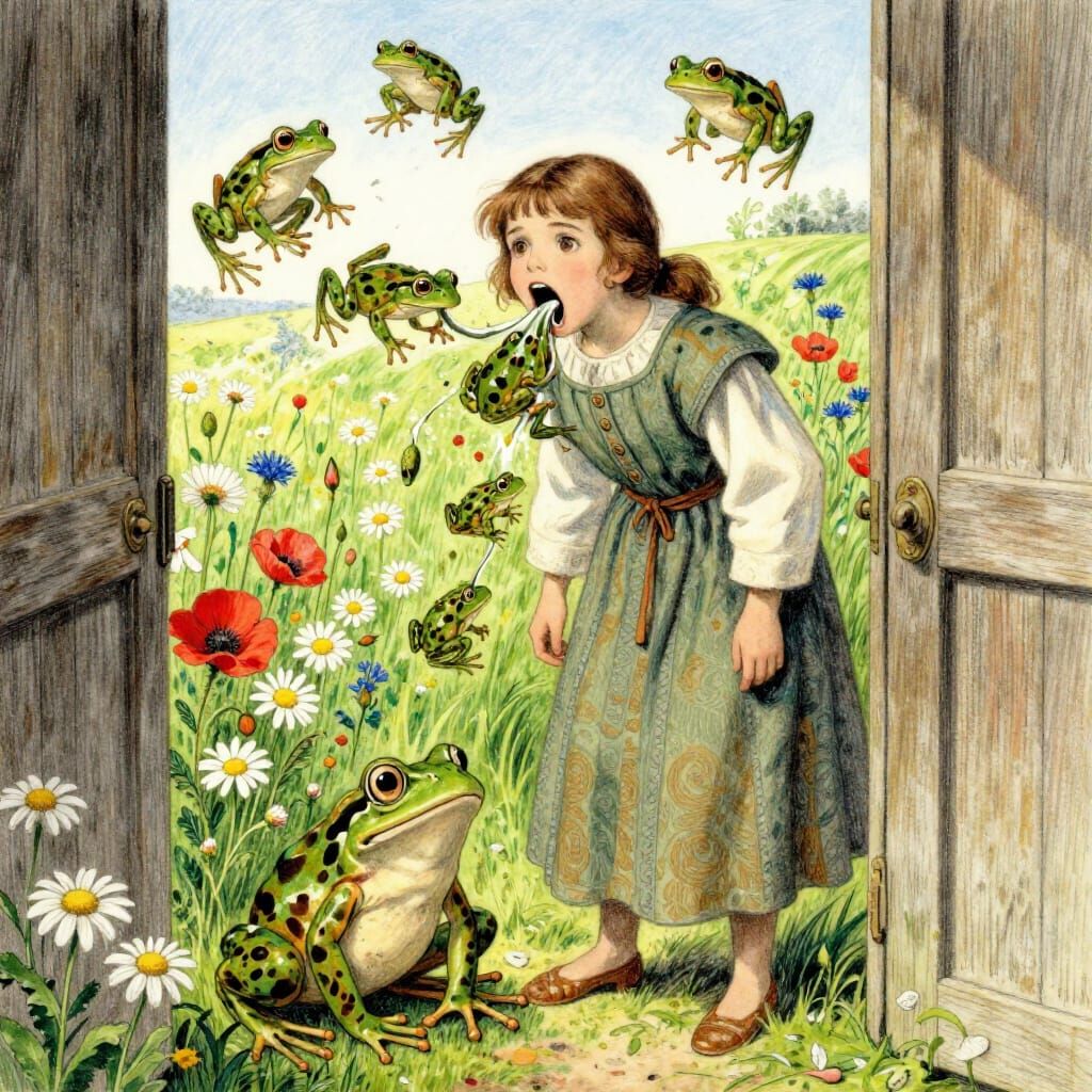 Girl Vomiting Frogs in Fairy Tale Meadow