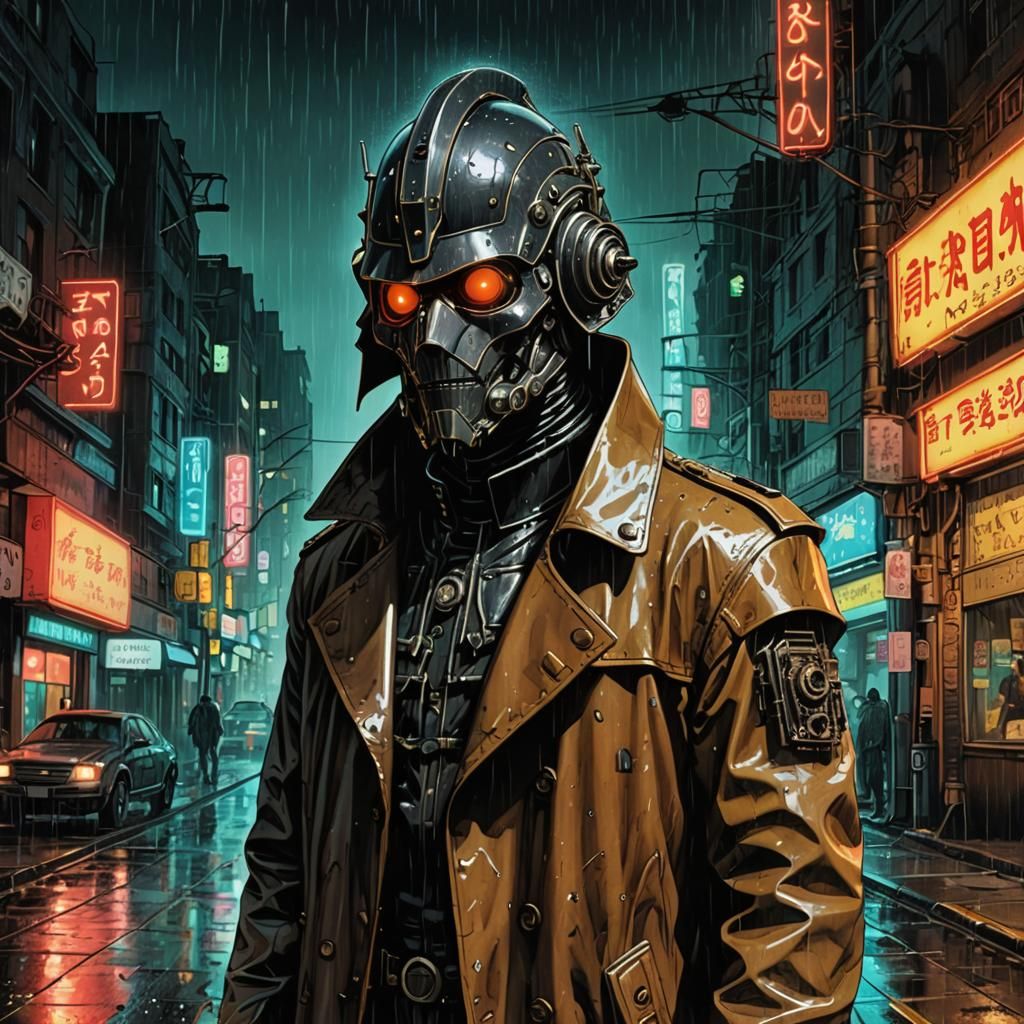 Cyborg Detective in Rainy Cyberpunk Cityscape