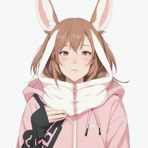 Manga Girl in Pink Hoodie with Bunny Mask
