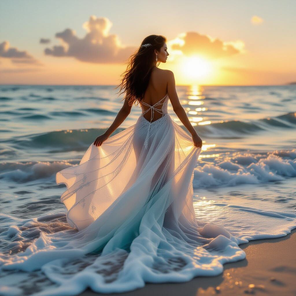 Ethereal Sea Woman Emerges from Ocean at Sunset