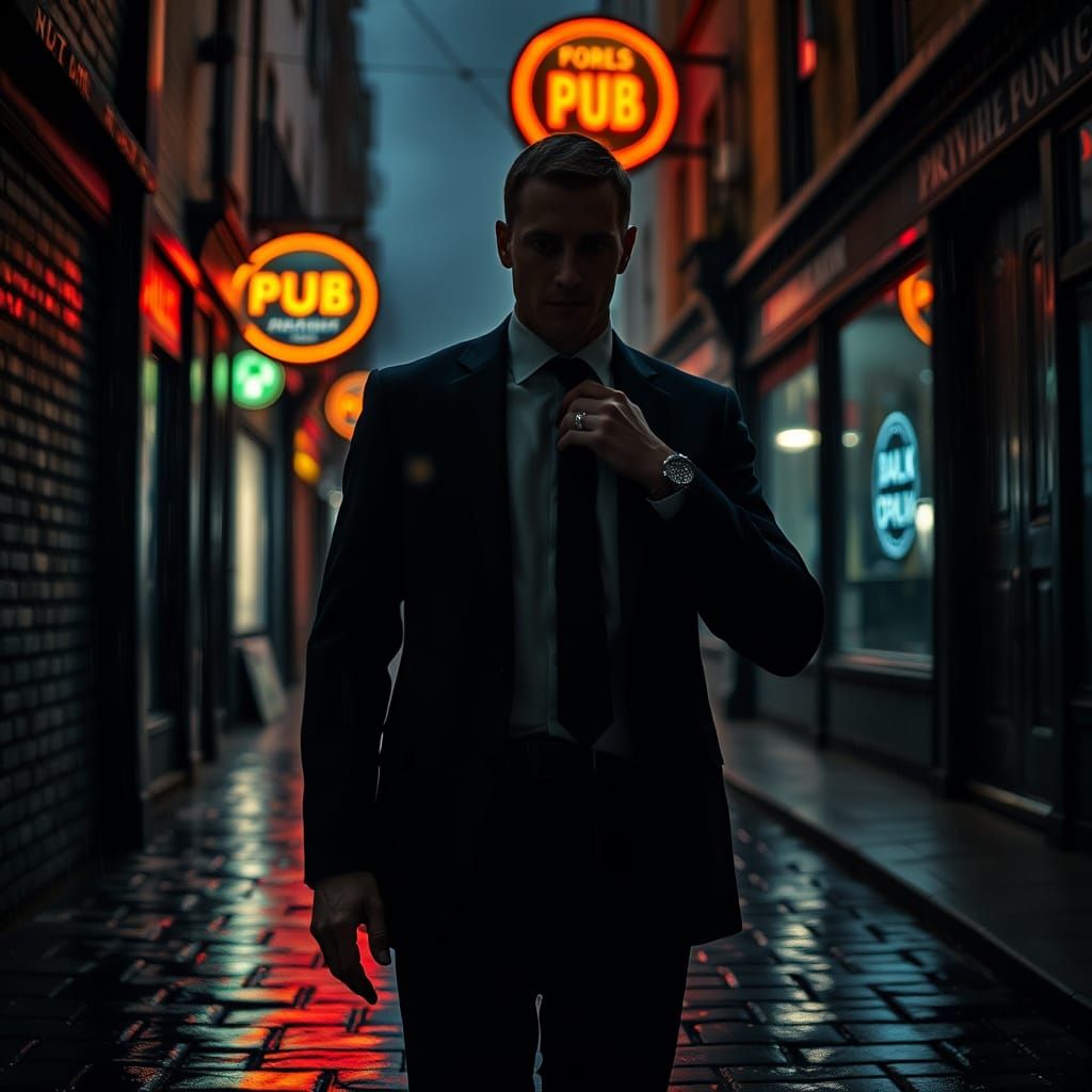 Gritty London Gangster Silhouetted in Rainy Alleyway