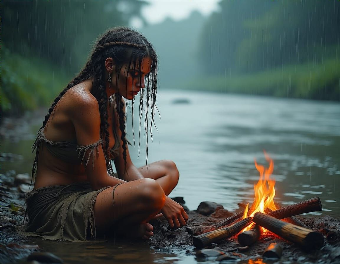 Wild Woman by River in Rainy Weather