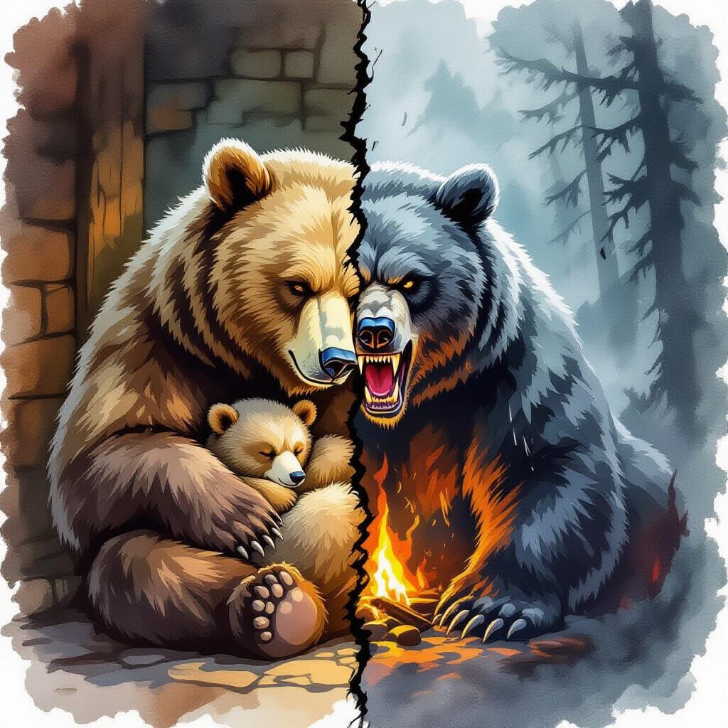 Duality of a Bear: Watercolor and Dark Fantasy