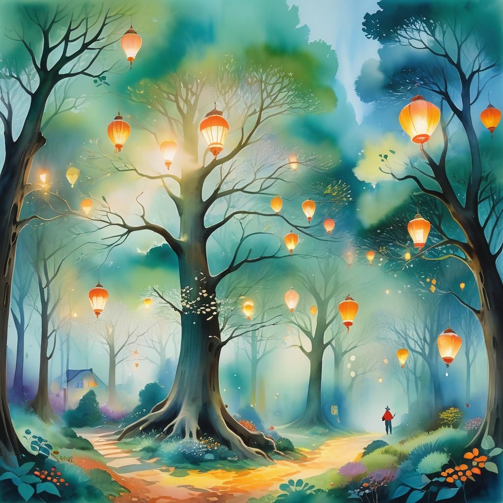 Elven Village in Watercolor with Twinkling Lanterns
