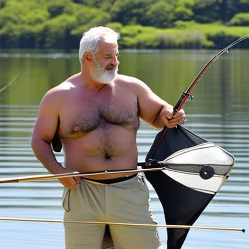 mature masculine hirsute male fishing wearing shorts
