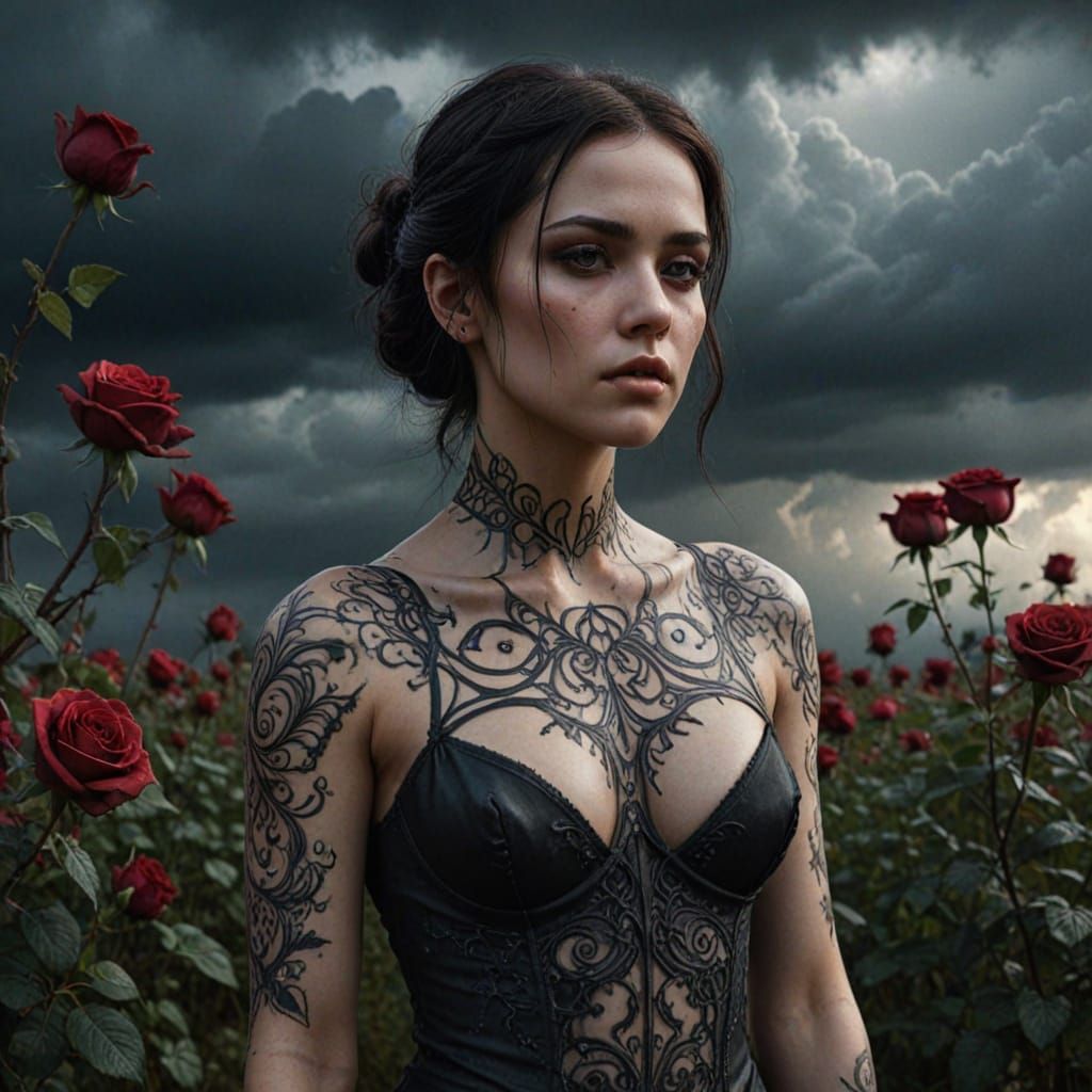 Ethereal Woman with Dark Tattoos in Rose Field