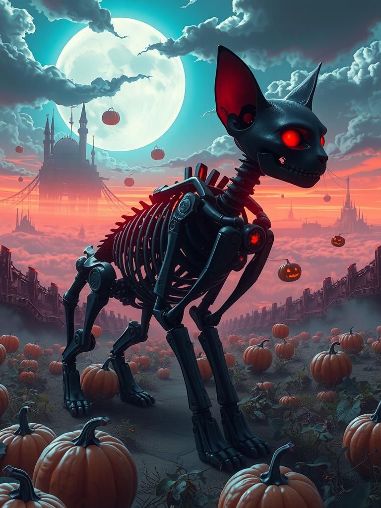 Steampunk Cat Skeleton in Surreal Halloween Landscape
