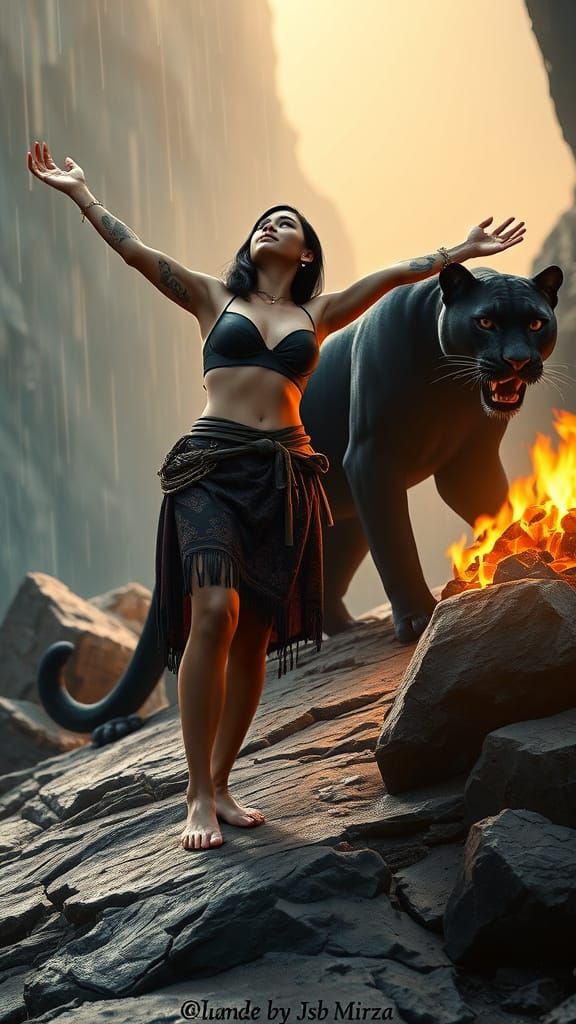 Mystical Woman and Panther in Golden Light