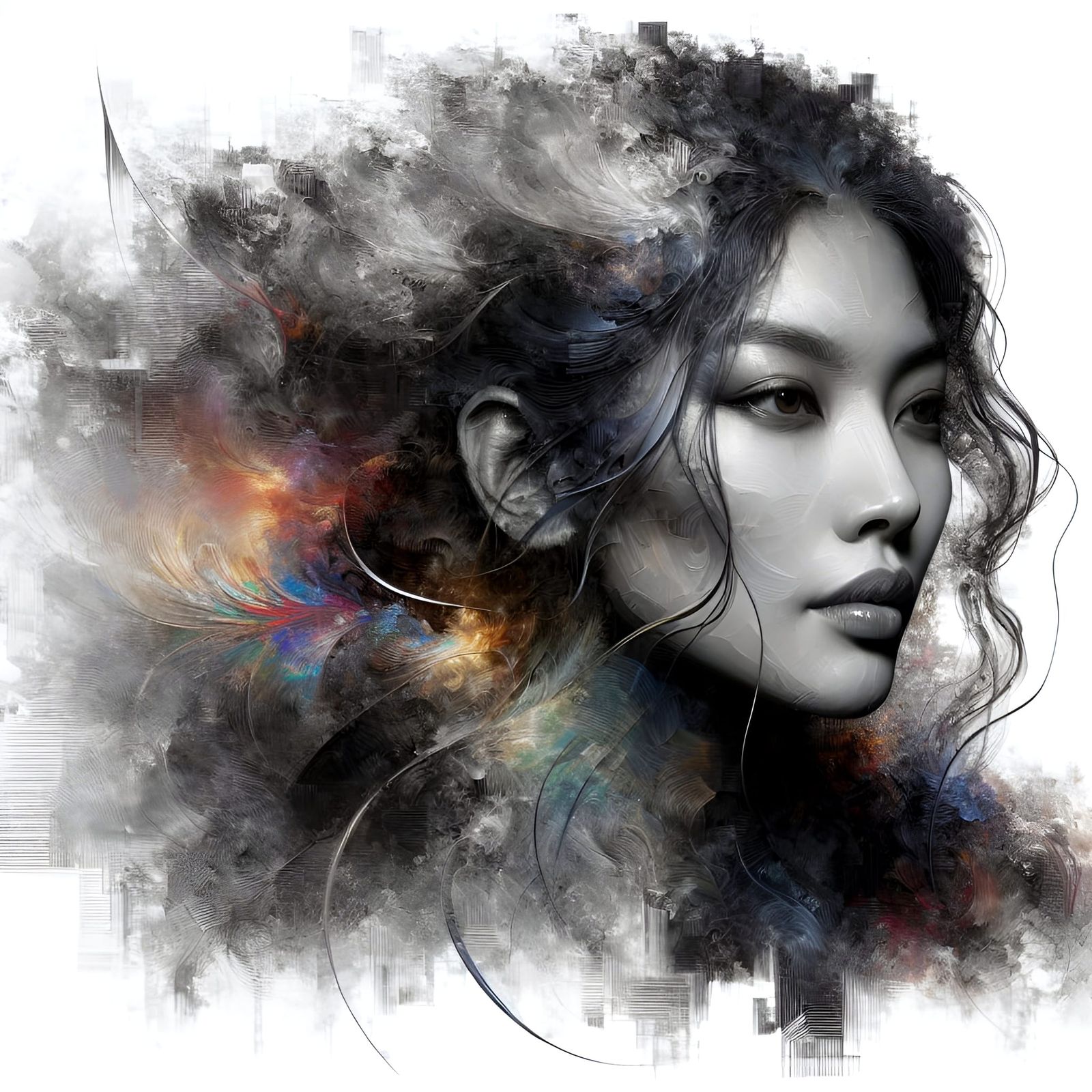 East Asian Woman in Abstract Watercolor Bust Portrait