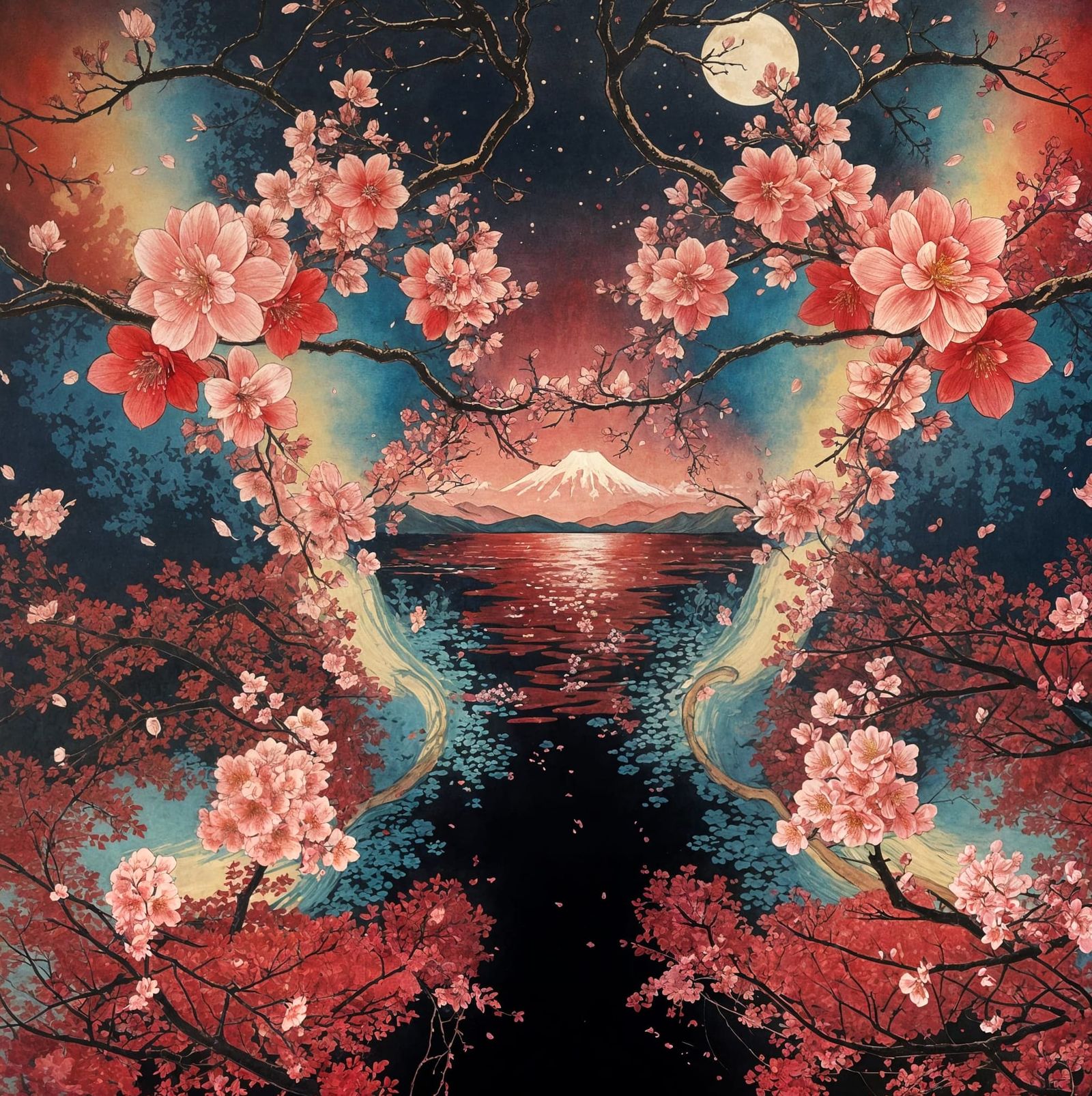 Cherry Blossom Landscape in Hokusai Style