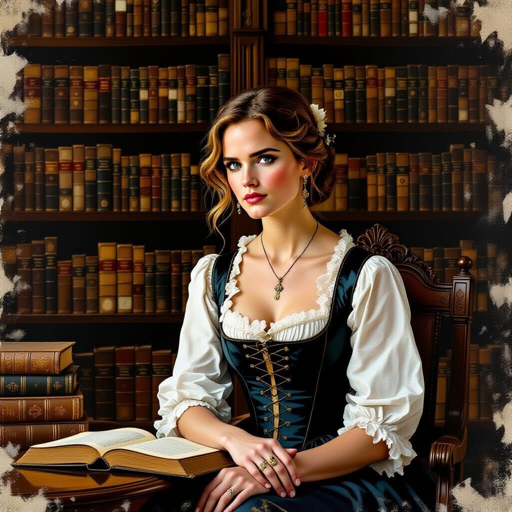 Emma Watson in Ancient Library, Hopper Meets Blake Style