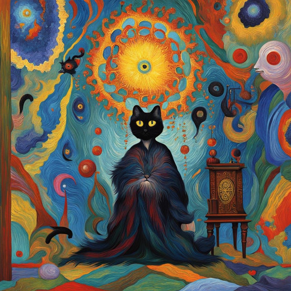 Mysterious Occultist with Black Cat in Neo-Expressionist Sty...