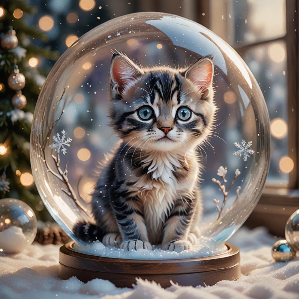 Impressionistic Kitten in Enchanted Snowglobe Oil Painting