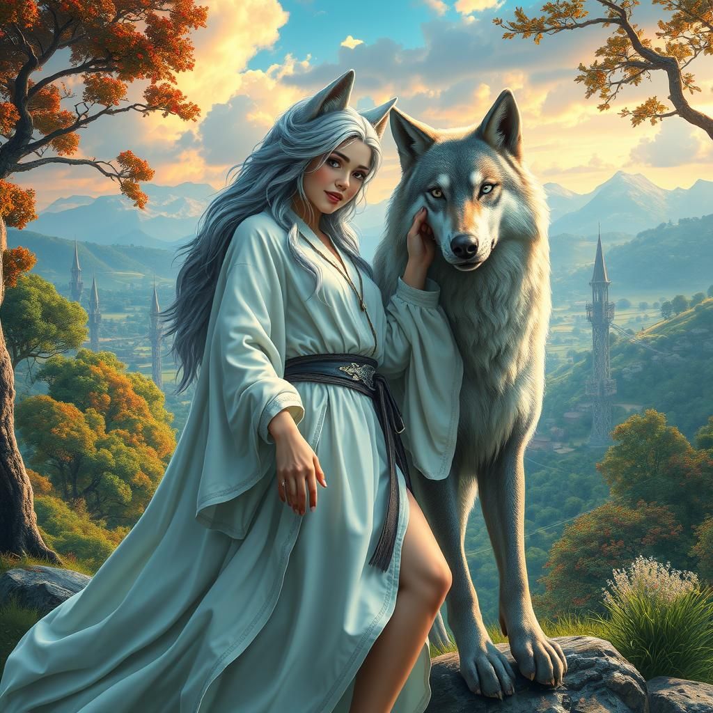 Silver-Haired Wolf Woman in Enameled Glass Style