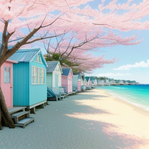 Cute Pastel Beach Huts in Retro Anime Style